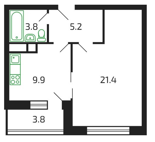 Однокомнатная квартира 42.2 м²